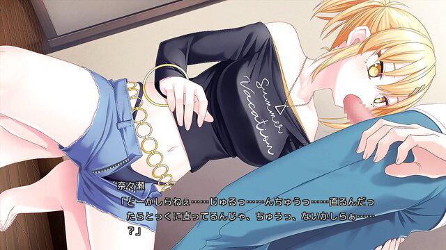 Blonde anime girl Nanasen Katagiri in Sunday top, hotpants, tongue out seduction