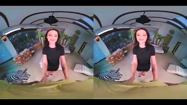 Raven-haired petite Alice Drake kneels ready for action in VR POV
