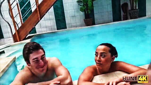 Ana Rose nude in pool with guys, hot threesome tease - Hunt4K