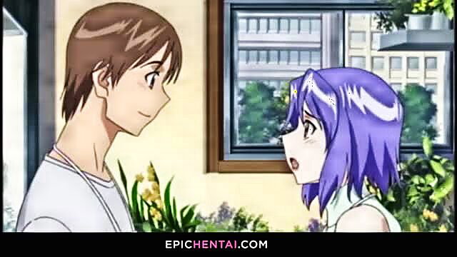 Anime college guy chats with busty purple-haired sister-in-law in secret affair