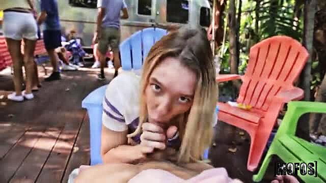Juliette Mint sucking huge cock closeup at outdoor BBQ party
