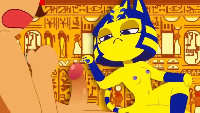 Ankha yellow catgirl stroking huge cock in ancient temple