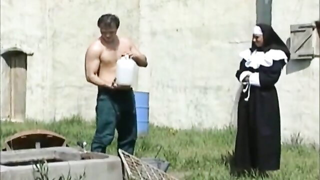 Shirtless hunk with nun in habit outdoors in 'Eine Nonne Auf Abwegen'