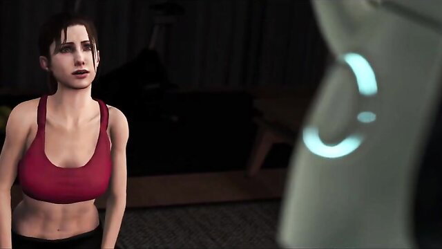Jill Valentine Mass Effect mod in tight red sports bra, toned abs, looking surprised