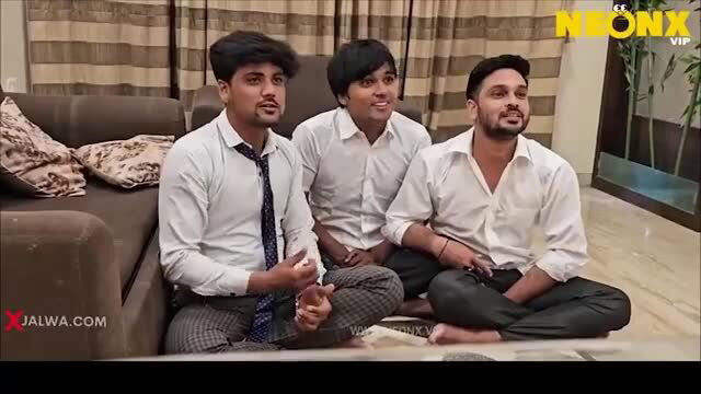 Three young Indian guys in shirts on sofa in Sadak Par Fool Hot web series
