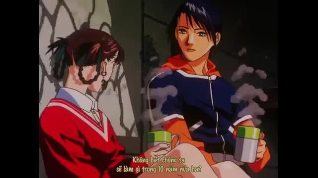 Vintage hentai female killer in school uniform sipping tea with friend