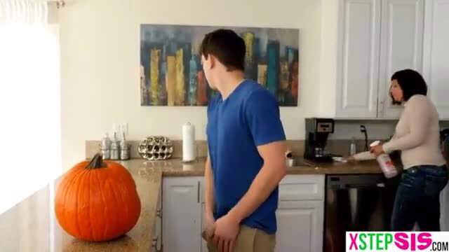Stepsis in kitchen eyes pumpkin hiding big dick bulge
