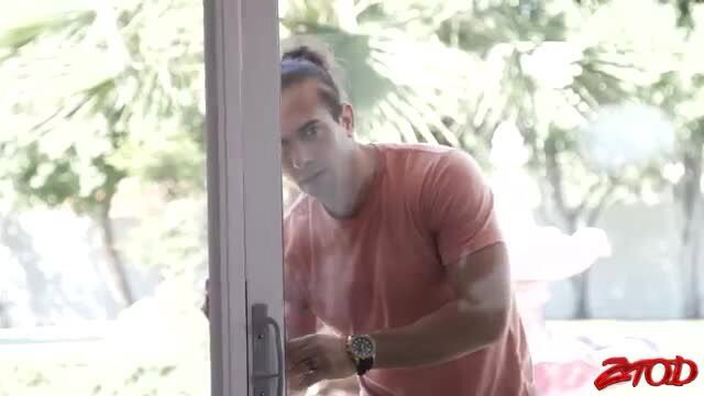 Man with man bun peeking through door in sultry Rachael deepthroat scene