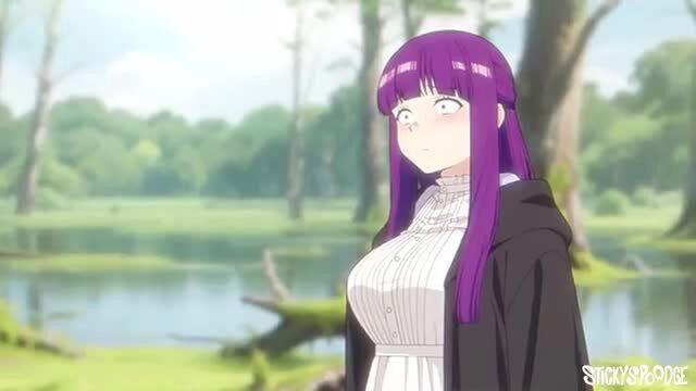 Purple-haired anime hentai girl in tight white blouse by lake, big tits