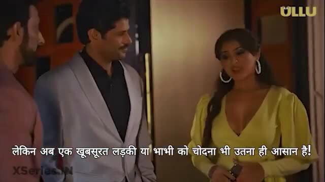 Indian plumper in yellow dress with men, emotional story scene