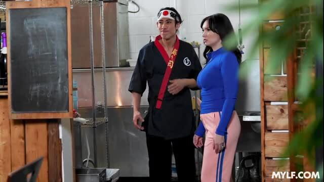 Paris Lincoln with hot sushi chef in kitchen, MYLF tracksuit tease