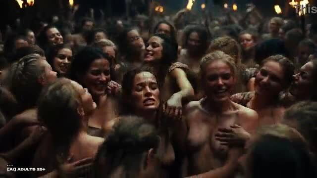 Nude Viking women with big tits crowd tease warriors at wild rave party