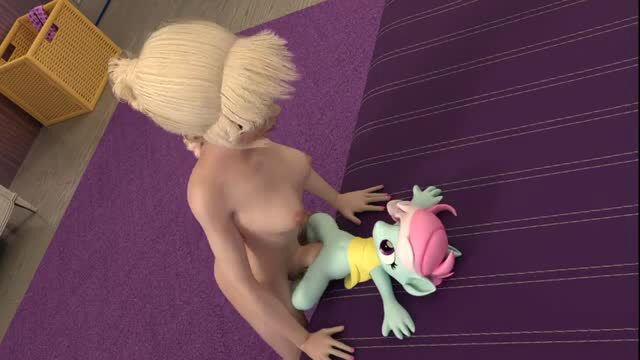 Blonde girl straddling pink pony plushie toy on purple rug