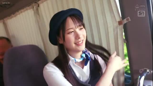 Yuka Murakami in bus guide uniform smiling on fan tour, JAV softcore tease