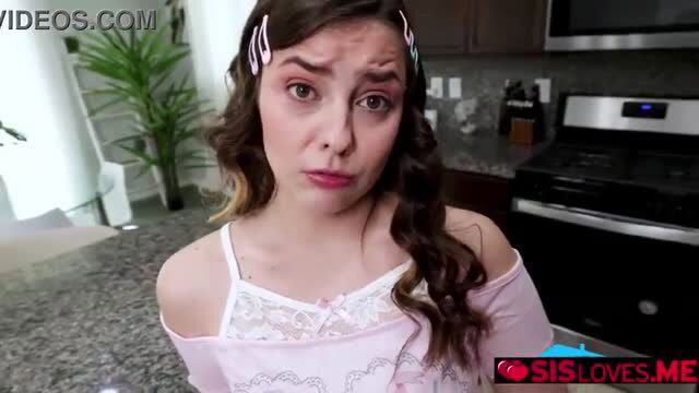 Violet Dawn in pink lingerie, flirty stepsis kitchen tease