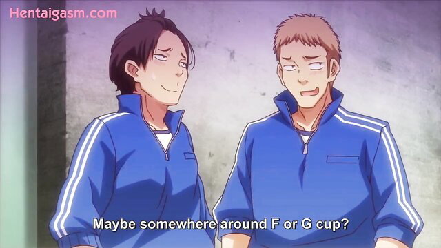 Two athletic anime guys in tracksuits guessing F or G cup tits, hentai Mesudachi