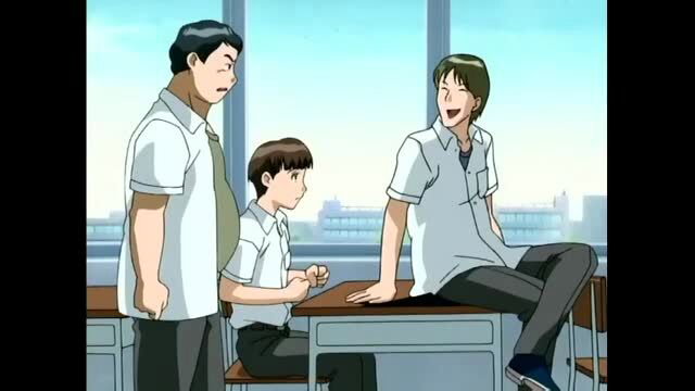 Three Japanese men in school uniforms in classroom chikan scene