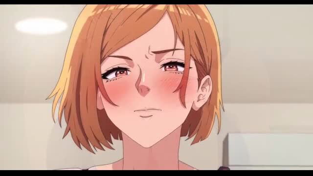 Blushing anime girl Nobara with teary eyes, flushed cheeks closeup