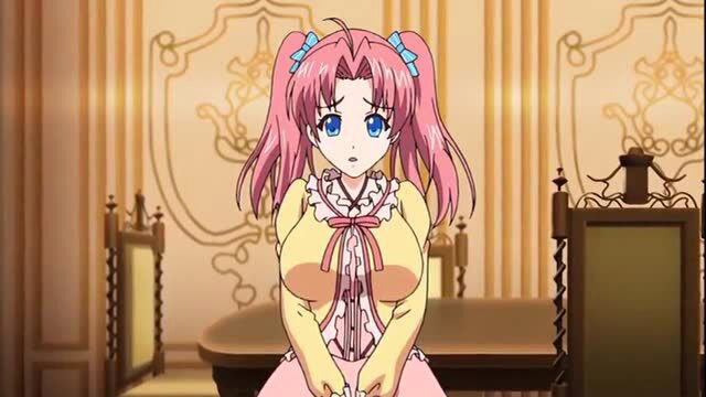 Pink-haired anime hentai girl in frilly yellow dress with huge tits