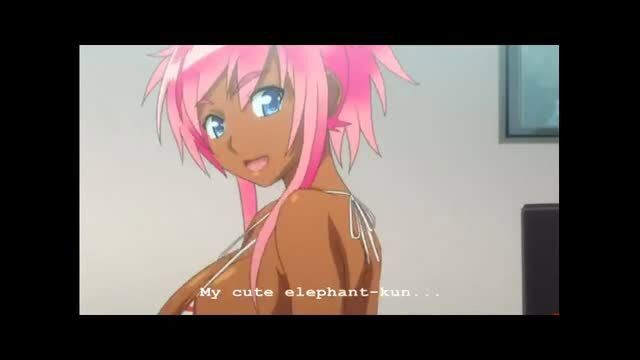 Pink-haired tanned anime girl with large breasts looking back over shoulder