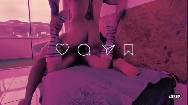 POV blowjob with tattooed woman in striped thigh-high socks