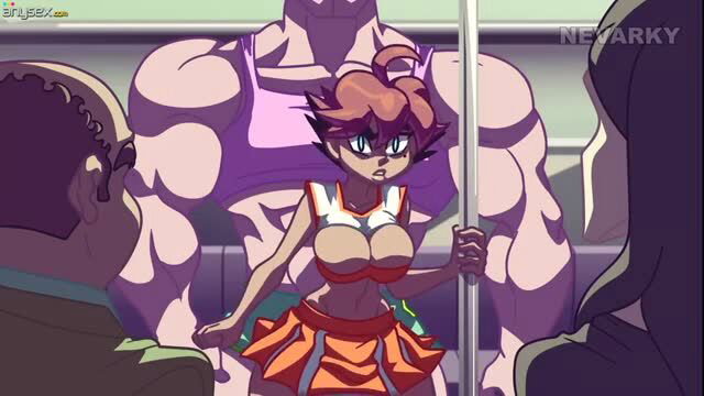 Busty anime girl in train surrounded by muscular men, hentai gangbang thumbnail