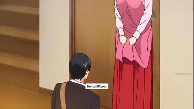 Anime MILF in apron bowing to young man at doorway
