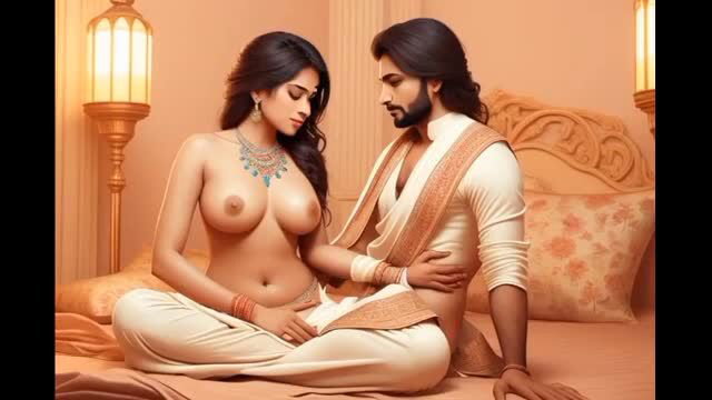 Indian couple in intimate embrace, topless woman with necklace