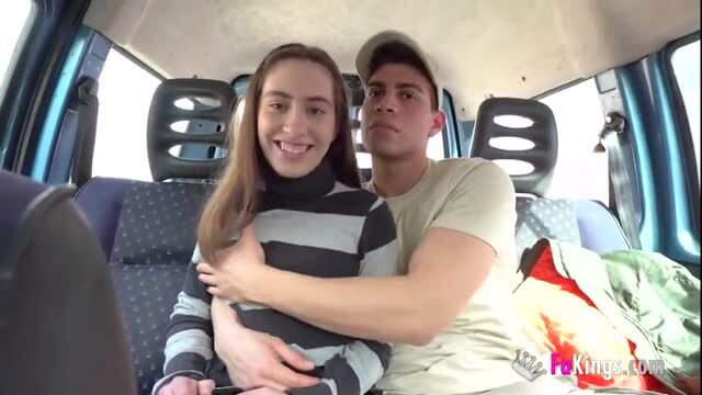 Carolina smiling in a van getting intimate with a guy in amateur outdoor porn scene