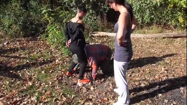 Brat girls domination: CFNM femdom scene with two women outdoors
