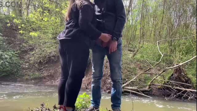Horny fat stranger with big ass jerking cock outdoors by lake