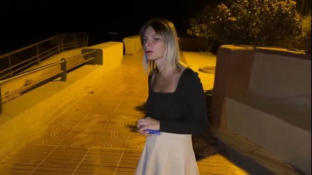 Annika in black dress walking seaside at night, no underwear, outdoor amateur video