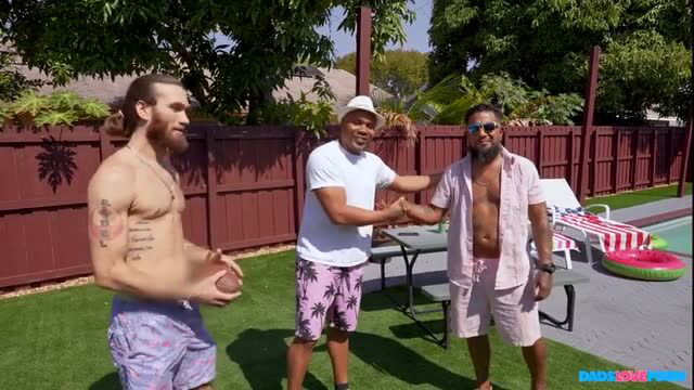 Elana Bunnz in backyard threesome with two muscular men at pool party