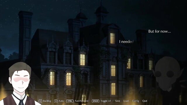 Blushing anime guy in suit gazes at shadowy haunted mansion in NTR Stuff 2