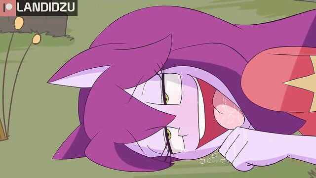 Purple-haired anime catgirl with big tits smiles lewdly in Eternal Rivalry hentai
