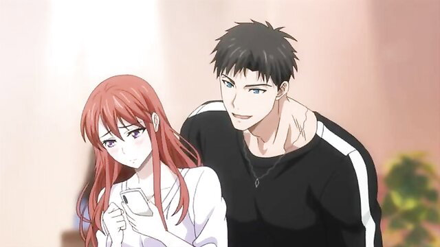 Redhead anime girl with handsome guy in showerhead hentai foreplay