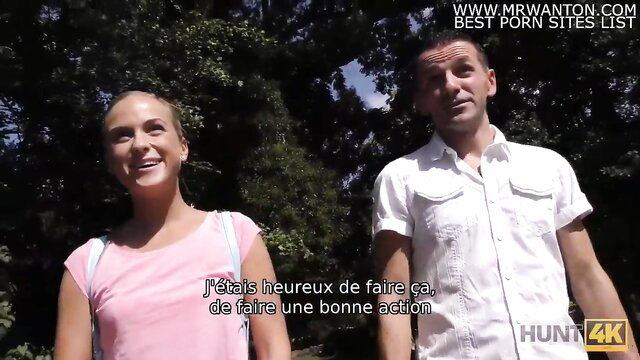 Blonde HUNT4K girl smiles with boyfriend outdoors before cash cuckold fuck