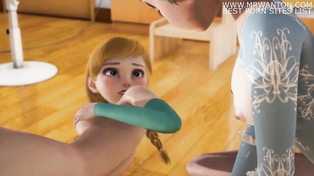 Elsa watches Anna masturbate in Frozen hentai, blonde sisters nude embrace