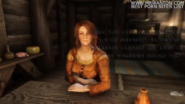 Lustful Luna in Skyrim cosplay, redhead in orange dress, seductive pose