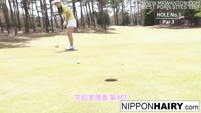 Japanese teen golfer in skirt bends over on green, hairy pussy tease
