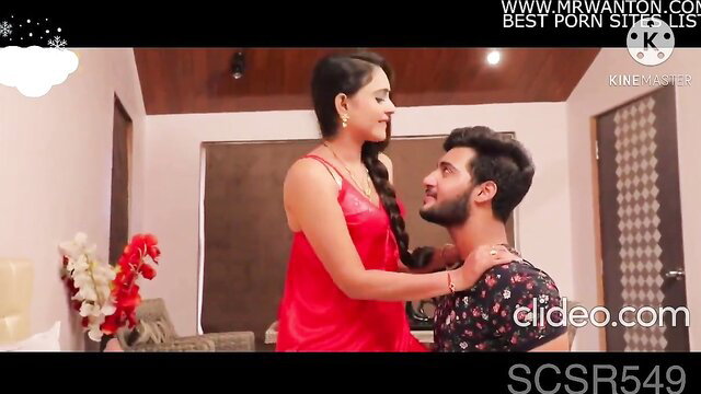 Juicy Indian woman in red lingerie kissed by man, Ultima studio