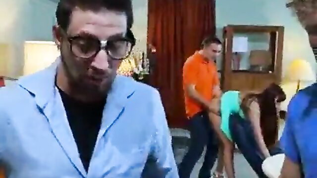 Infidelity threesome: woman in green dress fucked by two men in suits