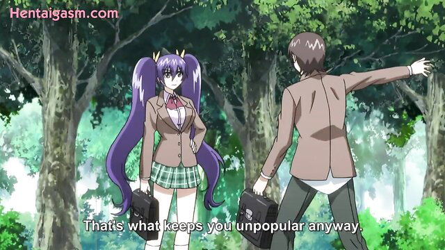 Purple-haired anime girl in short plaid skirt taunts guy in forest, uncensored hentai