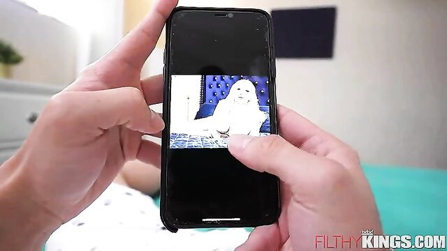 Victoria Lobov watches massive tits creampie porn on phone POV