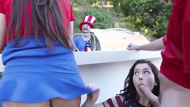 Ariella Ferrera & Jennifer Jacobs suck big cock on 4th of July