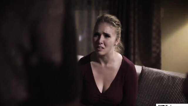 Lena Paul in deepthroat closeup, worried eyes in taboo scene