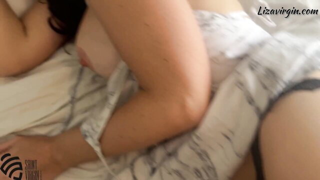 Stepmom Lizavigin topless in lingerie, armpit up on bed vacation tease