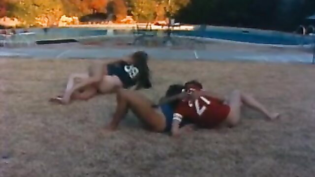 Vintage porn thumbnail: women wrestling men poolside in Cheating Wife scene