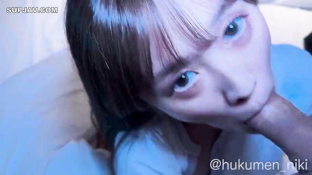 Asian beauty with bangs sucks cock close-up in hot JAV amateur scene