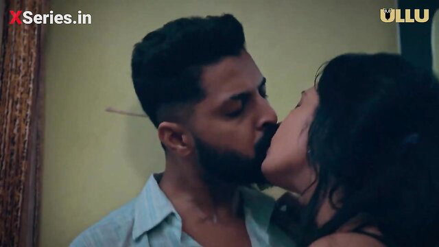Desi couple passionate kiss, bearded hunk smooches sizzling diva in tube top